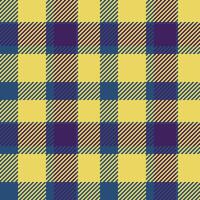 Quality check plaid, indoor texture pattern background. Diagonal textile fabric tartan seamless in yellow and blue colors. vector