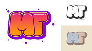 MT logo design for festival or party. Initial letter m and t in graffiti style. Creative modern lettering company name of font typography. Kids trendy logotype or identity. vector
