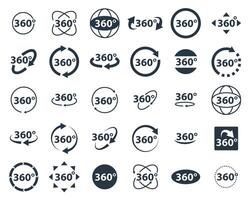 360 degrees icon set. Rotate arrow, VR reality panoramic symbol. Wide degree view icons. Virtual tour or game sign. vector