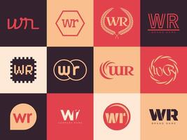 WR logo company template. Letter w and r logotype. Set different classic serif lettering and modern bold text with design elements. Initial font typography. vector