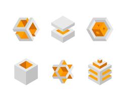 Cube logo, geometric design. Box logotype company, trendy tech emblem in pixel style. vector