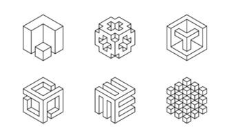 Black and white Cube logo, geometric design. Set box logotype company, trendy techno emblem in isometric 3D style. vector