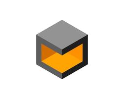 Cube logo, geometric design. Box logotype company, trendy tech emblem in pixel style. vector