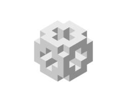 Cube logo, geometric design. Box logotype company, trendy tech emblem in pixel style. vector