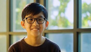 A young boy stands beside a large window. photo