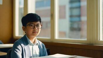 An elementary school student is seated at a desk with a sheet of paper in front of him. photo