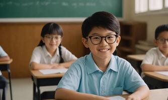 An Asian boy is smiling in a classroom surrounded by other children. photo