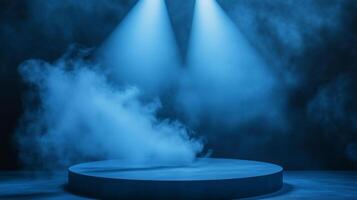 Blue podium with spotlight and smoke on the stage 3d background photo