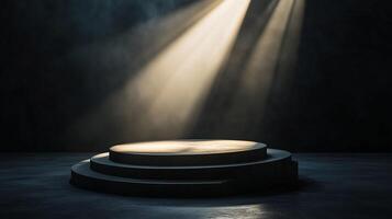 A spotlight is lit up on a podium with a white light shining on it. photo