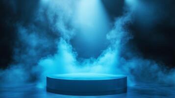 Blue podium with spotlight and smoke on the stage 3d background photo