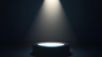 A spotlight is lit up on a podium with a white light shining on it. photo