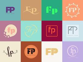 FP logo company template. Letter f and p logotype. Set different classic serif lettering and modern bold text with design elements. Initial font typography. vector
