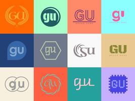 GU logo company template. Letter g and u logotype. Set different classic serif lettering and modern bold text with design elements. Initial font typography. vector