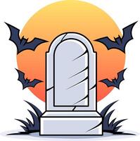 Silhouette of a graveyard with bats emerging - Spooky Gravestone with Bats at Sunset illustration vector
