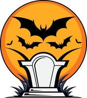 Silhouette of an old graveyard with bats taking - Gothic Headstone with Bats Against a Sunset Background, illustration vector