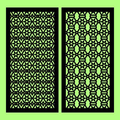 Collection of laser cut templates with modern abstract geometric panels. Template for cnc cutting of metal and wood. green background.
