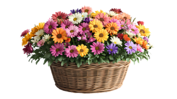 flower bouquet in wicker basket isolated on transparent background png