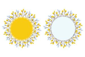 Floral circle frame with blossom branches, yellow and light blue copyspace. Set of 2 Isolated object. Lettering or cards template, posters, greetings, invitation or web, price tag illustration vector