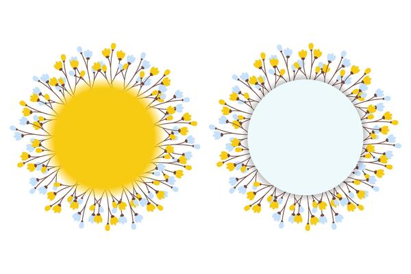 Floral circle frame with blossom branches, yellow and light blue copyspace. Set of 2 Isolated object. Lettering or cards template, posters, greetings, invitation or web, price tag illustration