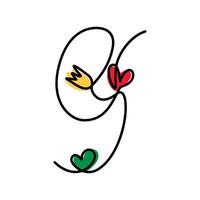 9 Hand drawn number with colorful hearts and tulip One continuous line. Springtime lettering nine Line Art. Isolated. Cards inscription, posters, banner, price, label or web, promo illustration vector