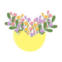 Half eggshell with flowers and branches in. Happy Easter Greetings design concept Isolated on white. illustration Cards, posters, banners, brochure, price tag, label or web decorative template vector
