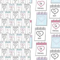 February, March, April 14 Calendar pages with date and heart shape stroke Seamless pattern Set of 2 Background Texture. Isolated Wallpaper, wrapping or web, posters, banners, promo, label, tag vector