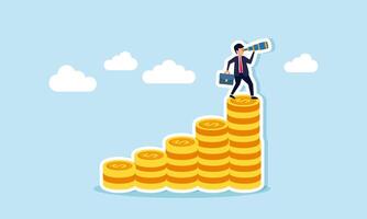 A businessman holding a telescope stands atop a stack of coins forming a rising graph, Illustration concept of Tracking future business profit prospects, monitoring company performance and revenue vector