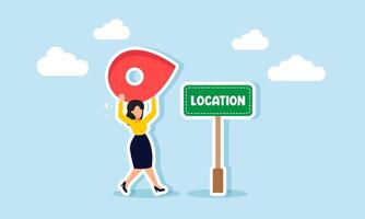 Marking a location for business, personal, or project purposes concept of A businesswoman holding a location pin to mark a specific area vector