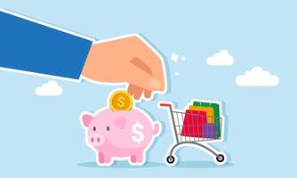 A businessman hand hesitates between a piggy bank and a shopping cart, Illustration concept of Choosing between saving money for investment or spending it on shopping vector
