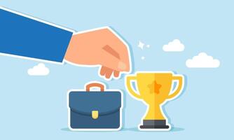 A businessman hand deciding between a trophy and a briefcase, Illustration concept of Choosing between the satisfaction of an award or the burden of taking on more work as a workaholic vector