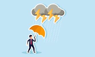 A businessman seeking shelter from a storm and heavy rain illustration concept of Seeking refuge from workplace issues or sheltering from the storm of recession vector