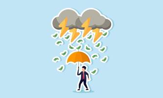 A businessman sheltering under an umbrella from a storm of lightning and raining money, illustration concept of A businessman with integrity standing firm against a storm of corruption his business vector