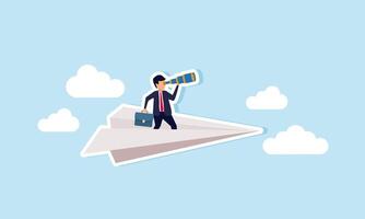 A businessman with a telescope standing on a paper plane flying through the sky, Illustration concept of Monitoring business direction and progress, keeping an eye on competitors moves and market vector