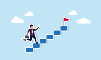 A businessman in spring shoes runs up steps to grab a flag, representing ambition and success, llustration concept of A businessman rapid push to reach goals or to become a leader in his industry vector