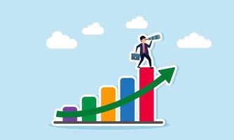 A businessman holding a telescope, standing atop a graph showing an upward trend, Illustration Concept of Monitoring a business's progress as profits and company value rise vector