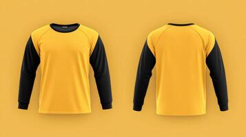 Mockup of a yellow long-sleeved t-shirt with blank black sleeves photo
