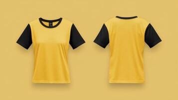 Mockup of a yellow short-sleeved t-shirt with blank black sleeves photo