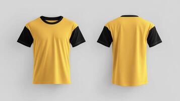 Mockup of a yellow short-sleeved t-shirt with blank black sleeves photo