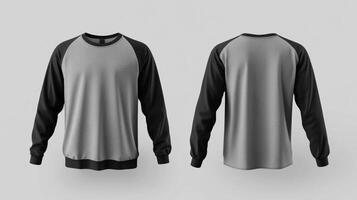 Mockup of a gray long-sleeved t-shirt with blank black sleeves photo