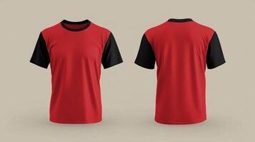 Mockup of a red short-sleeved t-shirt with blank black sleeves photo