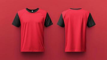 Mockup of a red short-sleeved t-shirt with blank black sleeves photo