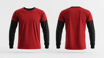 Mockup of a red long-sleeved t-shirt with blank black sleeves photo