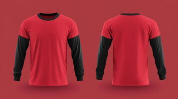 Mockup of a red long-sleeved t-shirt with blank black sleeves photo