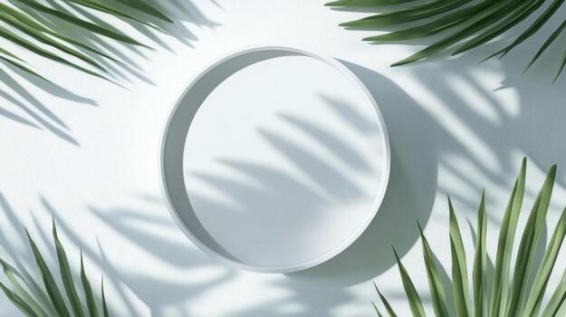3D Render of White Blank Cylinder Frame with Palm Leaf Shadows photo