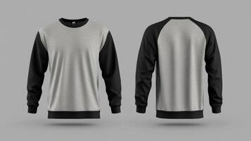 Mockup of a gray long-sleeved t-shirt with blank black sleeves photo