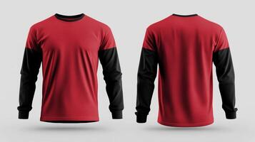 Mockup of a red long-sleeved t-shirt with blank black sleeves photo