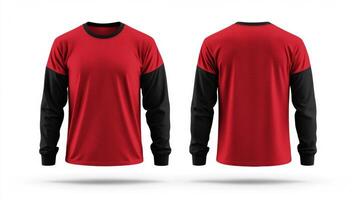 Mockup of a red long-sleeved t-shirt with blank black sleeves photo