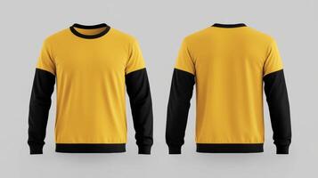 Mockup of a yellow long-sleeved t-shirt with blank black sleeves photo