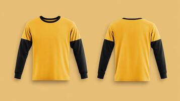 Mockup of a yellow long-sleeved t-shirt with blank black sleeves photo