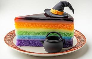A Halloween cake slice with green, purple, orange layers, topped with a witch hat and cauldron photo